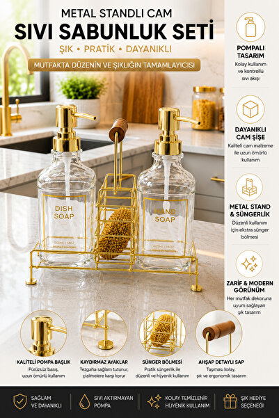 CHANCE GİFT Gold Renkli Cam Sabunluk Seti Metal Standlı Süngerli Mutfak Deter...