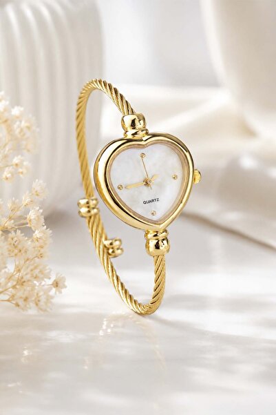 İnogge Calben Gold Heart Case Women's Wristwatch – Elegant Gold Color Steel B...
