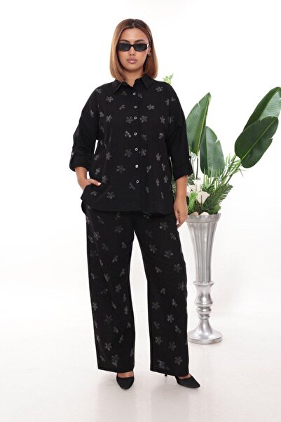 JERFİ Women's Plus Size Stone Printed Two-Piece Linen Set