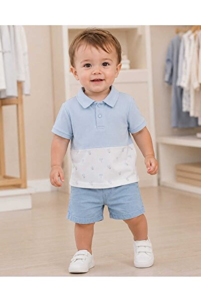 kidsense Baby Boy Polo Collar Patterned T-Shirt Shorts 2-Piece Set