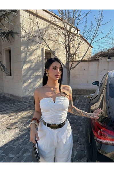 cuteliay butik V Yaka Straplez Büzgülü Büstiyer Bluz