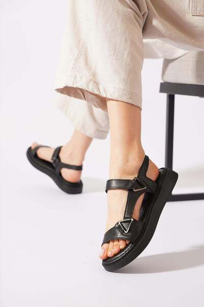 Moda Pie Hulesta Triangle Buckle Velcro Genuine Leather Women's Sandals Black...