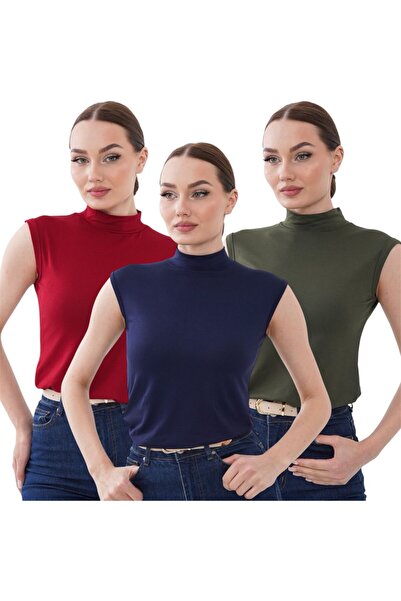 bykombincim Kadın 3'lü Sıfır Kol Kolsuz Body Yarım Balıkçı Viskon Body
