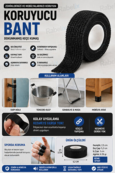 Rabelix Online Marketing Siyah Kendinden Yapışkanlı Keçe Koruyucu Bant 2.5 Cm...