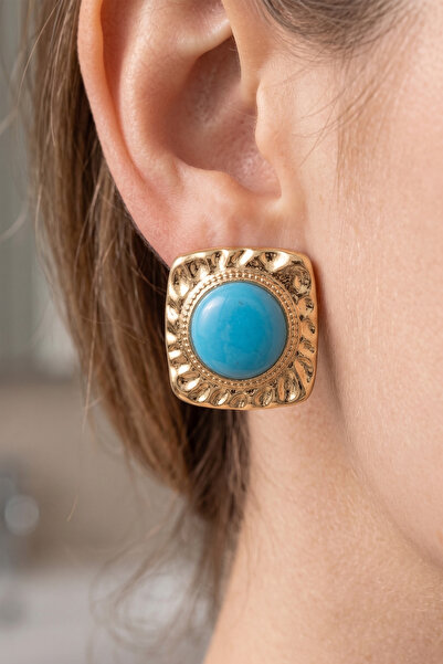 AURRARİ Gold Quadrilateral Vintage Blue Enamel Earrings