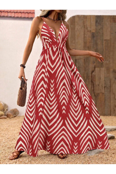Efnaz style Women's Rope Strap Deep-Cut Backless Cross-Tied Long Jersey Dress