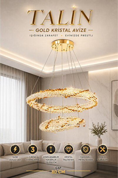 Elvora Home Modern (PREMIUM) Gold Kristal LED Avize 3 Renk Sarkıt Salon Yemek...