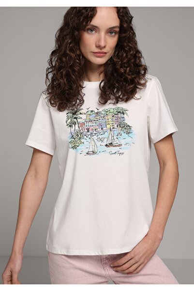 Colin's Regular Fit Round Neck Printed Women's White Short Sleeve T-Shirt