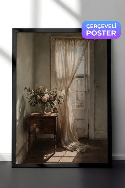 Zestia Vintage Duvar Tablosu, Güneş Işıklı Pencere Köşesi Siyah Çerçeveli No:...