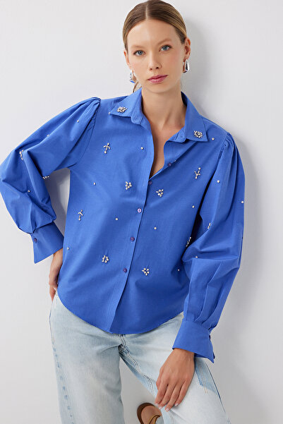 Lovelyİstanbul Stylish Stone Detailed Woven Shirt Lfg0143 Purple