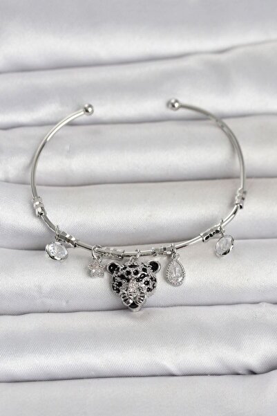 norsary Brass Silver Color Leopard Detailed Charm Women's Bracelet