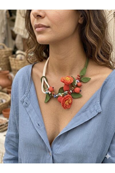 elemeğiürünler Needlepoint Design Necklace Pomegranate Flower Necklace