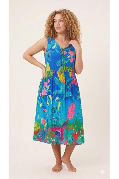 Sibel Günay Butik XL Large Size Thick Strap Floral Patterned Natural Cotton V...