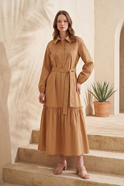 Nuss Front Embroidery Detailed Belted Dress 2040 Camel