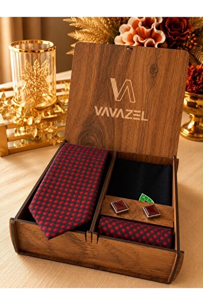 vavazel Burgundy Dotted Tie Men's Gift Set with Wooden Box – Stylish Accessor...