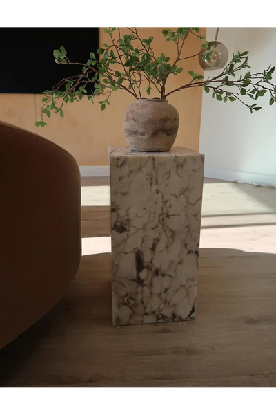Pergamon Marble & Design Küp Mermer Yan Sehpa Afyon Menekşe Gold
