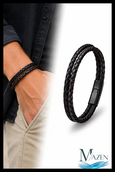 MAZEN Men's Leather Bracelet Black Brown Braided Design Magnetic Lock Bracelet