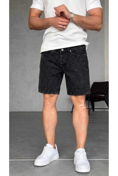 Wonraces Men's Black Regular Laser Printed Premium Jean Shorts