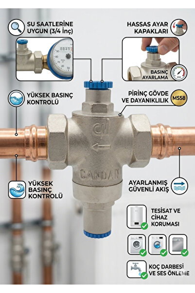 Candan CM-3553 Su Basınç Regülatörü 3/4 inç Pirinç Basınç Düşürücü (SU SAATLE...
