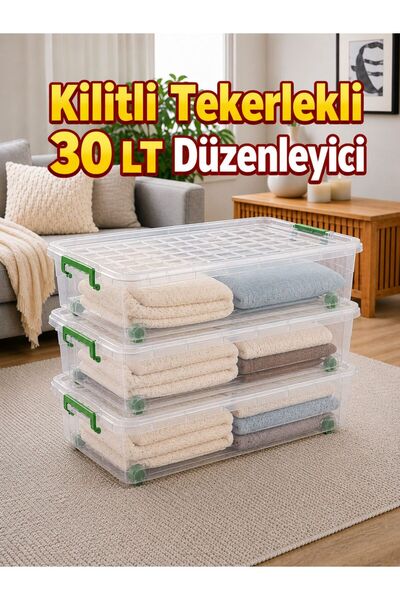 LOREMPBOX 3’lü Set 30 LT Kilitli Tekerlekli Saklama Kutusu Şeffaf Yatak Altı ...