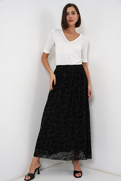 Merterium Women's Flocked Printed Lined Skirt 1481 - Black