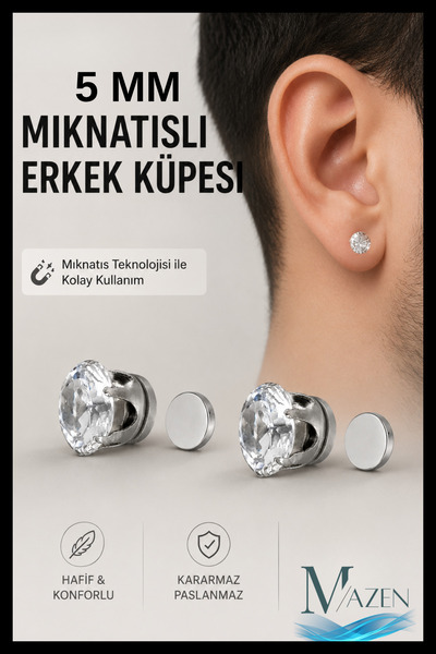 MAZEN 2 Pieces of 5 mm Solitaire Earrings with Strong Magnets |   Non-Perfora...