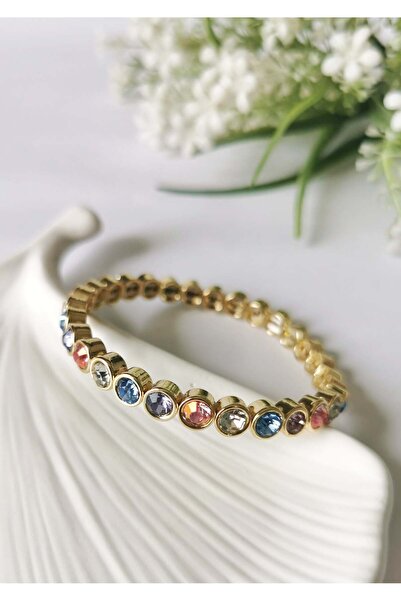 Halley Concept Colorful Crystal Stone Steel Bracelet – Elastic Gold Design