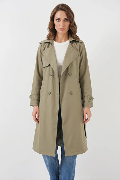 Efnaz style Women's Double-Breasted Collar Double-Button Green Trench Coat
