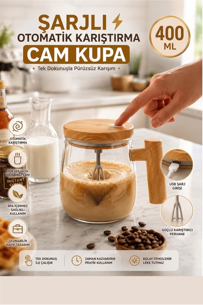 Kitchen Beauty Şarjlı 400ML Otomatik Karıştırıcı Cam Bardak Kahve Fincanı Kup...