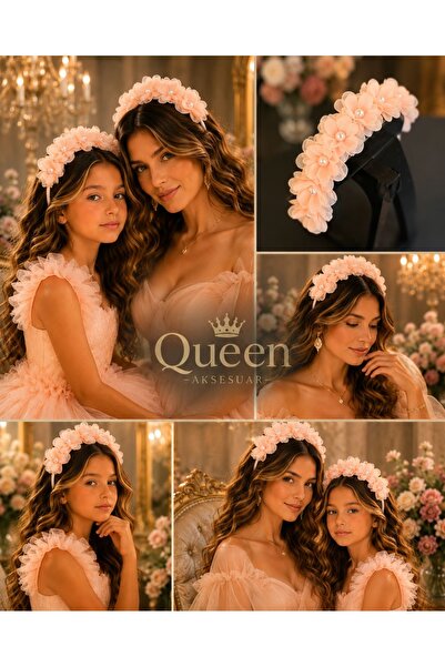 QUEEN AKSESUAR تاج مزين بالزهور باللون الوردي السالمون الفاتح مع لؤلؤ، تاج لل...