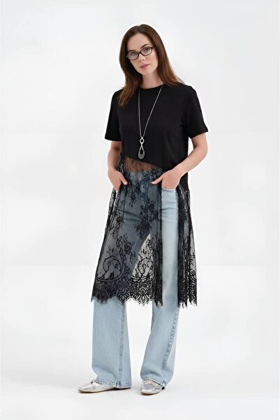 tw3 Kadın %100 Cotton Dantel Detaylı Tasarım Tunik Tshirt