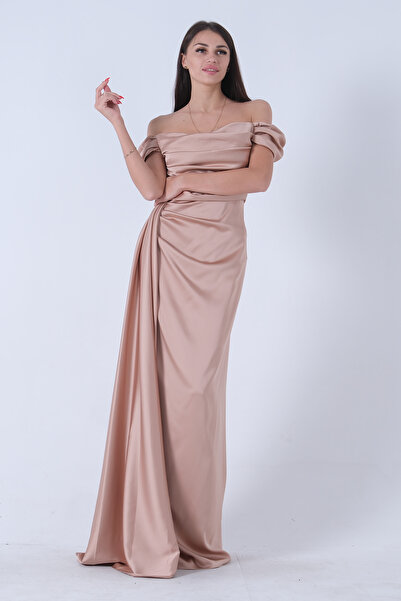 belamore Drape Detaylı Saten Kumaş Abiye Elbise Bej 9704858