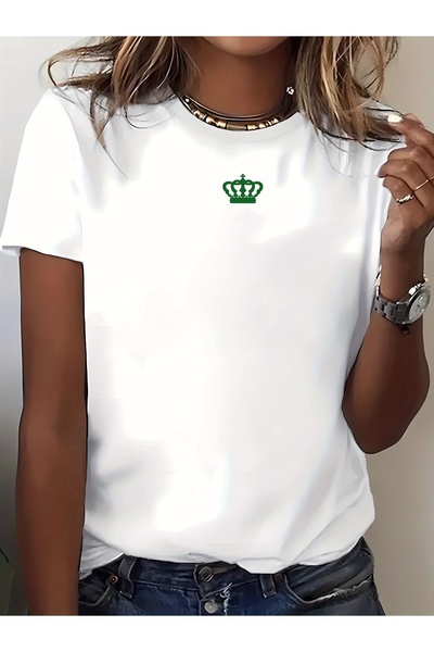 121 Simple and Versatile T-Shirt with Crown Print, Stretchy Sportswear with R...