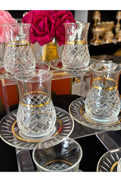 LOKMAN ZÜCCACİYE SHOWROOM 6 Persons 12 Pieces Hand-Cut Gold Gilt Glass Tea Cu...