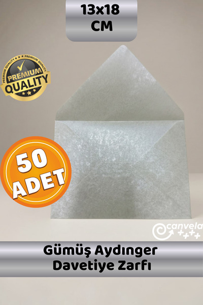 CANVELA Premium Gümüş Aydınger Zarf 13x18 Cm Şeffaf Zarf Transparan Zarf Düğü...