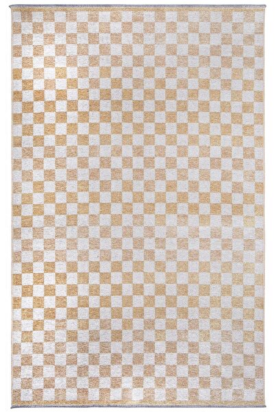 Pera Halı Altın Sarı Modern Geometrik Dama Desenli Yıkanabilir Halı - YO30035XG