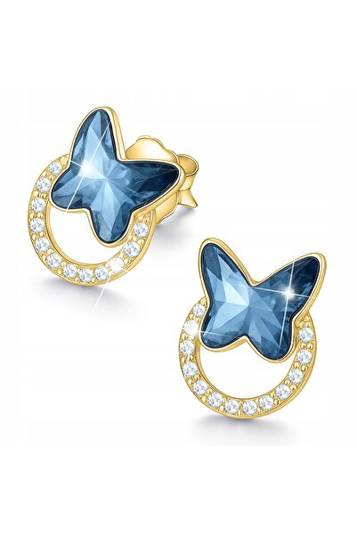 Larezo 925 Silver Earrings Gold Plated, Butterfly Pattern With Crystals And C...