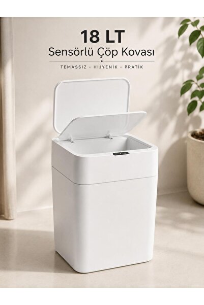 LOREMPBOX 18 LT Sensörlü Çöp Kovası Otomatik Kapaklı Temassız Çöp Kutusu Beyaz