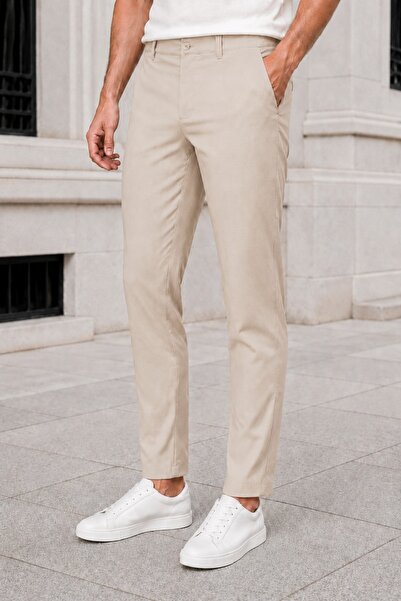 MODAMESTO Men's Beige Slim Fit Stretch Fabric Plain Fabric Trousers