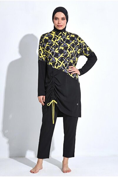 allsea Women's Long Sleeve Yellow Patterned Full Hijab Swimsuit C2T9N46
