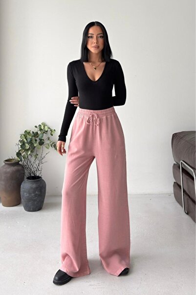 MODA BELİ LASTİKLİ YÜKSEK BEL TENSEL KUMAŞ GÜL KURUSU UÇUK PEMBE PALAZZO PANT...