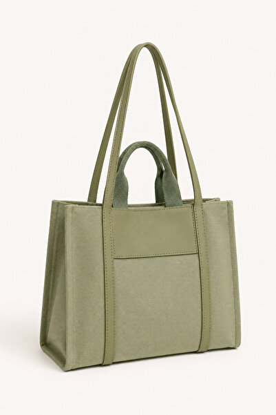 Madamra Green Women's Leather Detailed Canvas Tote Bag