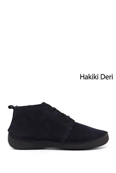 GÖNDERİ(R) Women's Navy Blue Suede Lace-Up Genuine Leather Comfort Boots