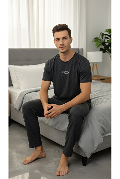 Sude HOMEWEAR طقم بيجامة رجالي بأكمام قصيرة ونقشة أمامية