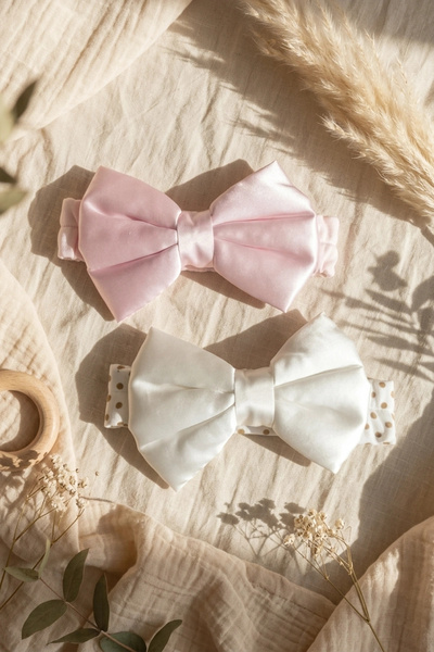 Babydonat Lumina 2-Piece Luxury Satin Bow Baby Bandana Set - Ecru Pink and Pe...