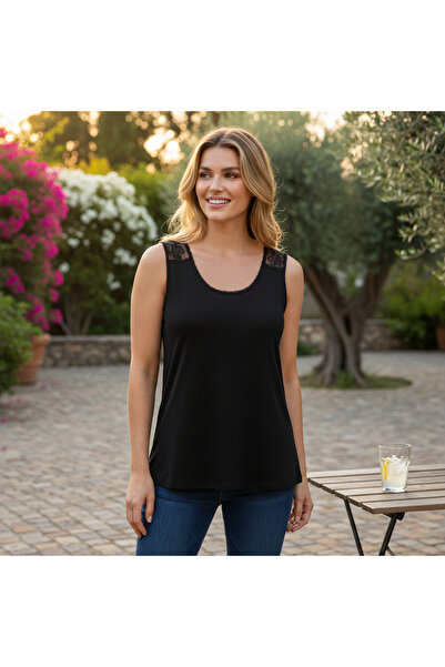 esmara Women's Black Linen Sleeveless Top with Lace Detail