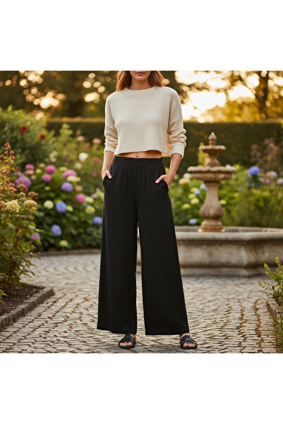 esmara Women's Black Linen Wide Leg Trousers Size L
