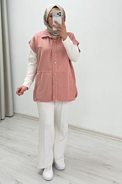 T Moda Store My Magazin Denim Fabric Comfortable Fit Snap Button Pocketed Vest