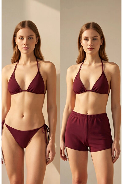 TTT Women's 3-Piece Set: Burgundy Shorts and Side-Tie Bikini Swimsuit Set