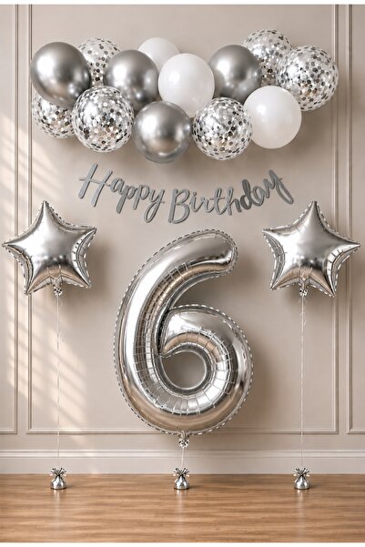 SİNDA Happy Birthday Gümüş -Doğum Günü Partisi Seti - Yaş Günü Konsepti - Rak...